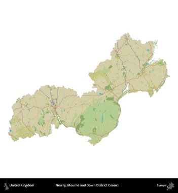Newry, Mourne ve Down Bölge Konseyi. Birleşik Krallık 'ın idari alanı bir OpenStreetMap İnsani Harita stili haritasında beyaza izole edildi