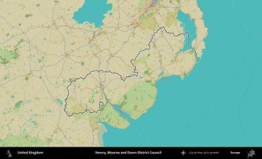 Newry, Mourne ve Down Bölge Konseyi. Birleşik Krallık 'ın bir OpenStreetMap İnsani Biçim haritasında özetlenmiş idari alanı