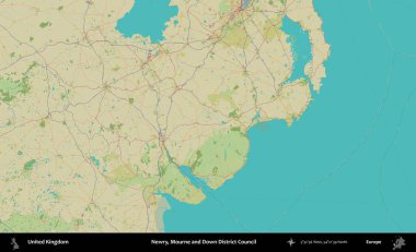 Newry, Mourne ve Down Bölge Konseyi. Birleşik Krallık 'ın idari alanı bir OpenStreetMap İnsani Biçim haritası üzerinde