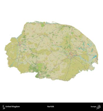 Norfolk. Birleşik Krallık 'ın idari alanı bir OpenStreetMap İnsani Harita stili haritasında beyaza izole edildi