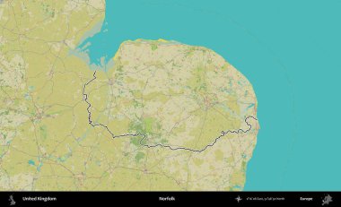 Norfolk. Birleşik Krallık 'ın bir OpenStreetMap İnsani Biçim haritasında özetlenmiş idari alanı