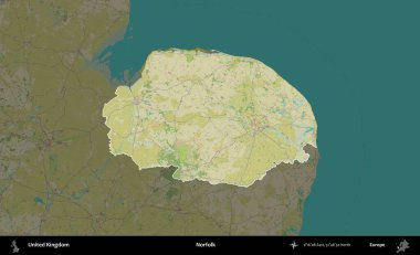Norfolk. Birleşik Krallık 'ın idari alanı karanlık bir OpenStreetMap İnsani Haritası biçiminde vurgulanmış ve özetlenmiştir