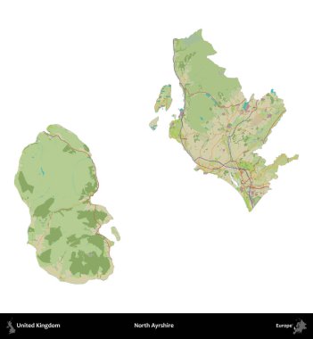 Kuzey Ayrshire. Birleşik Krallık 'ın idari alanı bir OpenStreetMap İnsani Harita stili haritasında beyaza izole edildi