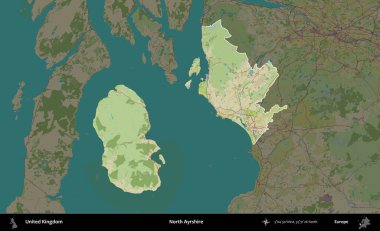 Kuzey Ayrshire. Birleşik Krallık 'ın idari alanı karanlık bir OpenStreetMap İnsani Haritası biçiminde vurgulanmış ve özetlenmiştir