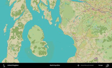 Kuzey Ayrshire. Birleşik Krallık 'ın idari alanı bir OpenStreetMap İnsani Biçim haritası üzerinde