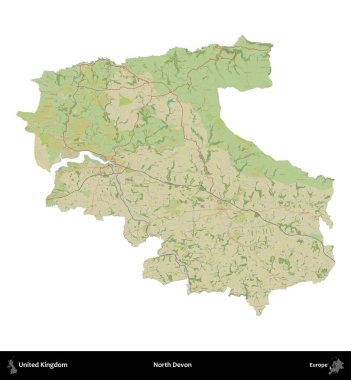 Kuzey Devon. Birleşik Krallık 'ın idari alanı bir OpenStreetMap İnsani Harita stili haritasında beyaza izole edildi