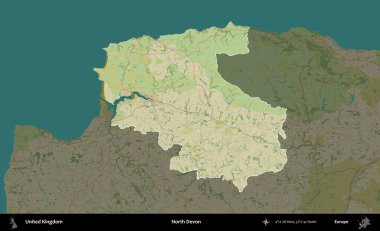 Kuzey Devon. Birleşik Krallık 'ın idari alanı karanlık bir OpenStreetMap İnsani Haritası biçiminde vurgulanmış ve özetlenmiştir