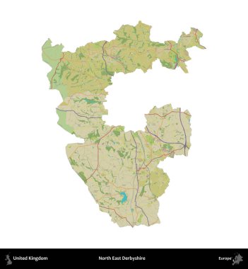 Kuzey Doğu Derbyshire. Birleşik Krallık 'ın idari alanı bir OpenStreetMap İnsani Harita stili haritasında beyaza izole edildi
