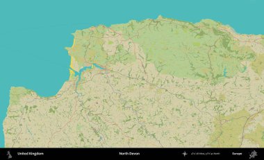 Kuzey Devon. Birleşik Krallık 'ın idari alanı bir OpenStreetMap İnsani Biçim haritası üzerinde