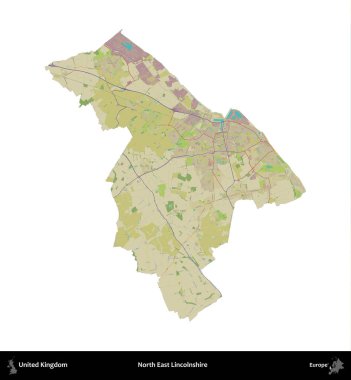 Kuzey Doğu Hughnshire. Birleşik Krallık 'ın idari alanı bir OpenStreetMap İnsani Harita stili haritasında beyaza izole edildi