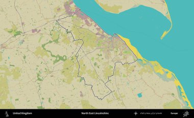 Kuzey Doğu Hughnshire. Birleşik Krallık 'ın bir OpenStreetMap İnsani Biçim haritasında özetlenmiş idari alanı