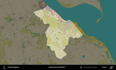 Kuzey Doğu Hughnshire. Birleşik Krallık 'ın idari alanı karanlık bir OpenStreetMap İnsani Haritası biçiminde vurgulanmış ve özetlenmiştir