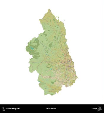 Kuzeydoğu. Birleşik Krallık 'ın idari alanı bir OpenStreetMap İnsani Harita stili haritasında beyaza izole edildi