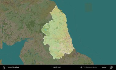 Kuzeydoğu. Birleşik Krallık 'ın idari alanı karanlık bir OpenStreetMap İnsani Haritası biçiminde vurgulanmış ve özetlenmiştir