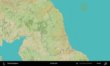 Kuzeydoğu. Birleşik Krallık 'ın bir OpenStreetMap İnsani Biçim haritasında özetlenmiş idari alanı
