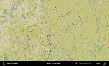 Kuzey Hertfordshire. Birleşik Krallık 'ın bir OpenStreetMap İnsani Biçim haritasında özetlenmiş idari alanı