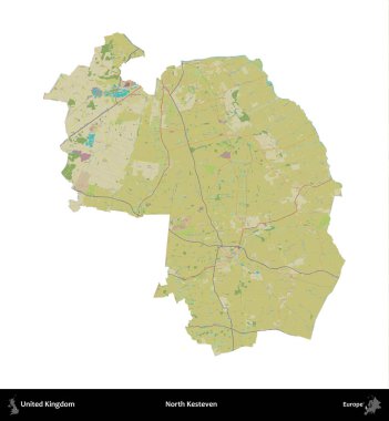 Kuzey Kesteven. Birleşik Krallık 'ın idari alanı bir OpenStreetMap İnsani Harita stili haritasında beyaza izole edildi
