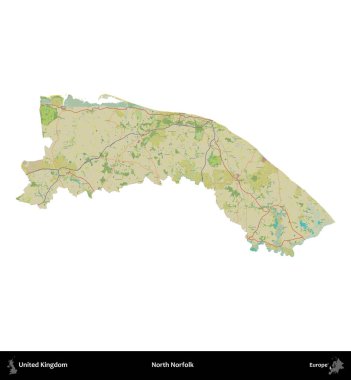 Kuzey Norfolk. Birleşik Krallık 'ın idari alanı bir OpenStreetMap İnsani Harita stili haritasında beyaza izole edildi