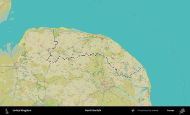 Kuzey Norfolk. Birleşik Krallık 'ın bir OpenStreetMap İnsani Biçim haritasında özetlenmiş idari alanı