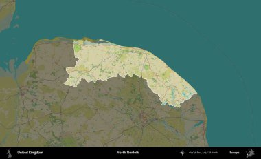 Kuzey Norfolk. Birleşik Krallık 'ın idari alanı karanlık bir OpenStreetMap İnsani Haritası biçiminde vurgulanmış ve özetlenmiştir