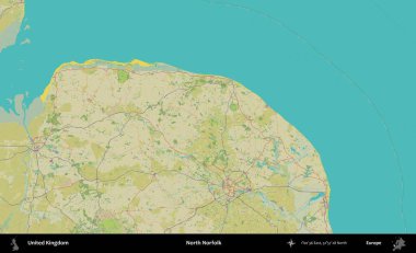 Kuzey Norfolk. Birleşik Krallık 'ın idari alanı bir OpenStreetMap İnsani Biçim haritası üzerinde