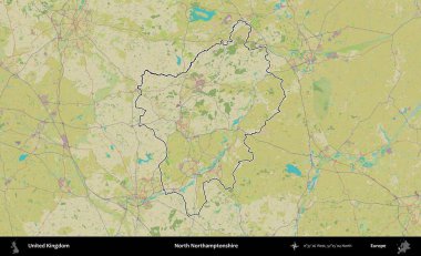 Kuzey Northamptonshire. Birleşik Krallık 'ın bir OpenStreetMap İnsani Biçim haritasında özetlenmiş idari alanı