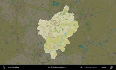 Kuzey Northamptonshire. Birleşik Krallık 'ın idari alanı karanlık bir OpenStreetMap İnsani Haritası biçiminde vurgulanmış ve özetlenmiştir