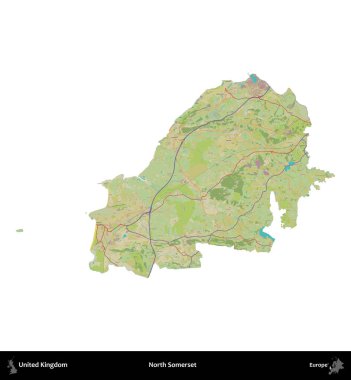 Kuzey Somerset. Birleşik Krallık 'ın idari alanı bir OpenStreetMap İnsani Harita stili haritasında beyaza izole edildi