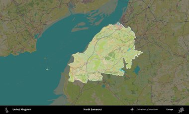 Kuzey Somerset. Birleşik Krallık 'ın idari alanı karanlık bir OpenStreetMap İnsani Haritası biçiminde vurgulanmış ve özetlenmiştir