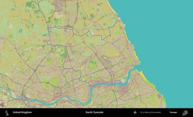 Kuzey Tyneside. Birleşik Krallık 'ın bir OpenStreetMap İnsani Biçim haritasında özetlenmiş idari alanı