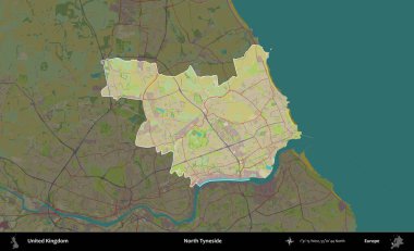 Kuzey Tyneside. Birleşik Krallık 'ın idari alanı karanlık bir OpenStreetMap İnsani Haritası biçiminde vurgulanmış ve özetlenmiştir