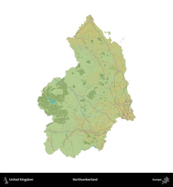 Northumberland 'de. Birleşik Krallık 'ın idari alanı bir OpenStreetMap İnsani Harita stili haritasında beyaza izole edildi