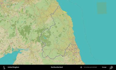 Northumberland 'de. Birleşik Krallık 'ın bir OpenStreetMap İnsani Biçim haritasında özetlenmiş idari alanı