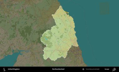 Northumberland 'de. Birleşik Krallık 'ın idari alanı karanlık bir OpenStreetMap İnsani Haritası biçiminde vurgulanmış ve özetlenmiştir