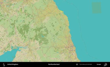 Northumberland 'de. Birleşik Krallık 'ın idari alanı bir OpenStreetMap İnsani Biçim haritası üzerinde