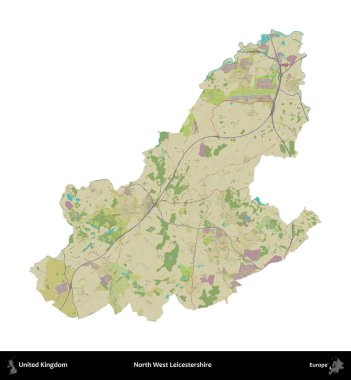 Kuzey Batı Leicestershire. Birleşik Krallık 'ın idari alanı bir OpenStreetMap İnsani Harita stili haritasında beyaza izole edildi