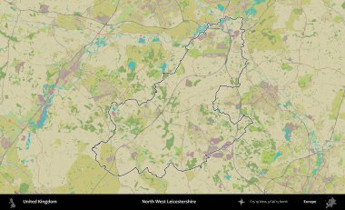 Kuzey Batı Leicestershire. Birleşik Krallık 'ın bir OpenStreetMap İnsani Biçim haritasında özetlenmiş idari alanı