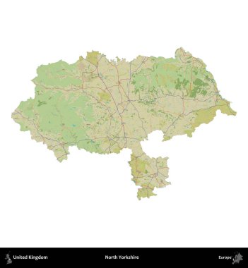Kuzey Yorkshire. Birleşik Krallık 'ın idari alanı bir OpenStreetMap İnsani Harita stili haritasında beyaza izole edildi