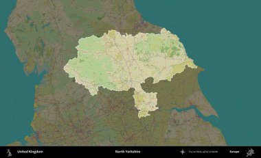 Kuzey Yorkshire. Birleşik Krallık 'ın idari alanı karanlık bir OpenStreetMap İnsani Haritası biçiminde vurgulanmış ve özetlenmiştir