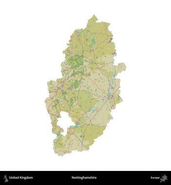 Nottinghamshire 'da. Birleşik Krallık 'ın idari alanı bir OpenStreetMap İnsani Harita stili haritasında beyaza izole edildi