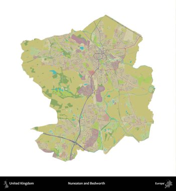 Nuneaton ve Bedworth. Birleşik Krallık 'ın idari alanı bir OpenStreetMap İnsani Harita stili haritasında beyaza izole edildi