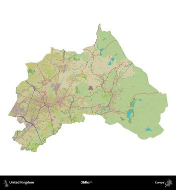Oldham. Birleşik Krallık 'ın idari alanı bir OpenStreetMap İnsani Harita stili haritasında beyaza izole edildi