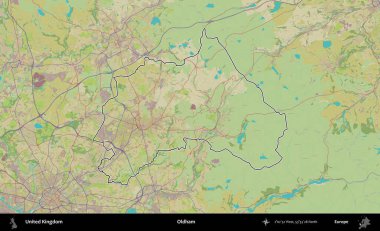 Oldham. Birleşik Krallık 'ın bir OpenStreetMap İnsani Biçim haritasında özetlenmiş idari alanı