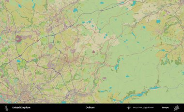 Oldham. Birleşik Krallık 'ın idari alanı bir OpenStreetMap İnsani Biçim haritası üzerinde