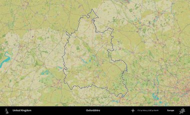 Oxfordshire 'da. Birleşik Krallık 'ın bir OpenStreetMap İnsani Biçim haritasında özetlenmiş idari alanı