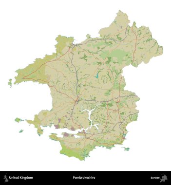 Pembrokeshire. Birleşik Krallık 'ın idari alanı bir OpenStreetMap İnsani Harita stili haritasında beyaza izole edildi