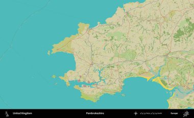 Pembrokeshire. Birleşik Krallık 'ın idari alanı bir OpenStreetMap İnsani Biçim haritası üzerinde