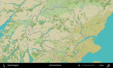 Perth ve Kinross. Birleşik Krallık 'ın bir OpenStreetMap İnsani Biçim haritasında özetlenmiş idari alanı