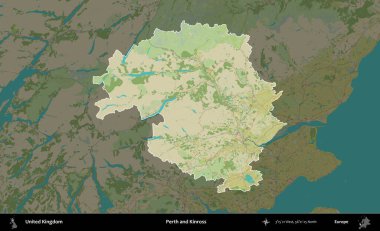 Perth ve Kinross. Birleşik Krallık 'ın idari alanı karanlık bir OpenStreetMap İnsani Haritası biçiminde vurgulanmış ve özetlenmiştir