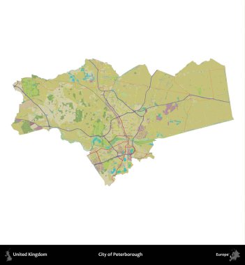 Peterborough şehri. Birleşik Krallık 'ın idari alanı bir OpenStreetMap İnsani Harita stili haritasında beyaza izole edildi